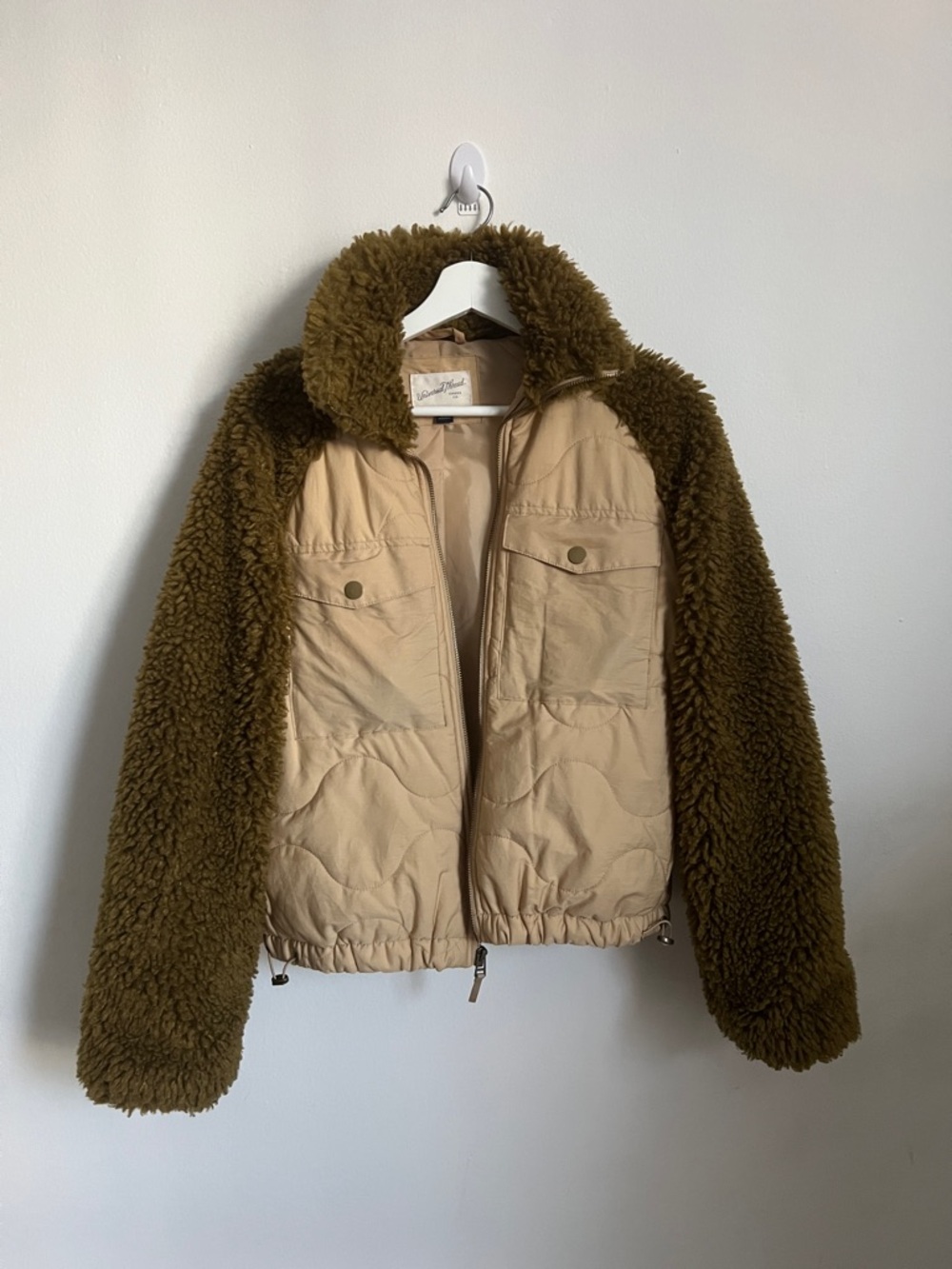 Universal Thread Two-Tone Sherpa Jacket in Olive Green and Beige